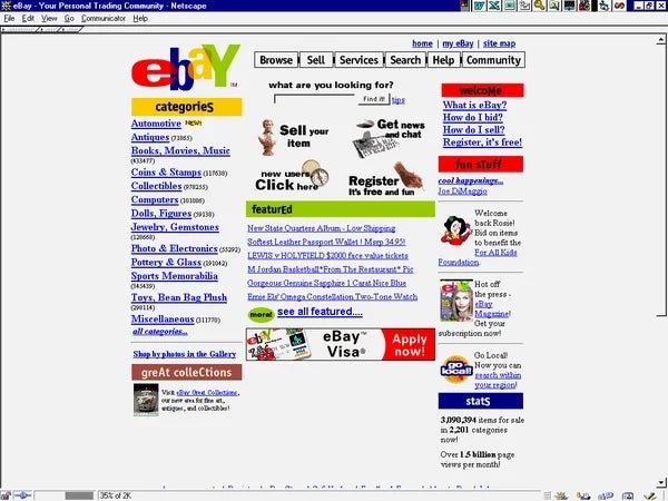 Early 2000s eBay homepage screenshot showing categories like Automotive and Antiques, with a search bar and various promotional links