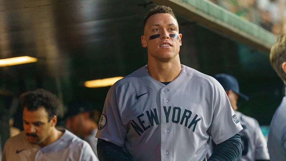 May 30, 2026; West Sacramento, California, USA; New York Yankees right fielder Aaron Judge (99) prepares to go back out for the bottom half of the sixth inning against the Athletics at Sutter Health Park.