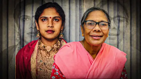 Anil Kumar Bharath / Nirmala Rani A younger version of the same woman stands beside her older self.
The younger self wears a red and gold embroidered outfit with jewellery, while the older self wears glasses and a pink patterned top, with faint larger copies of both images behind them.