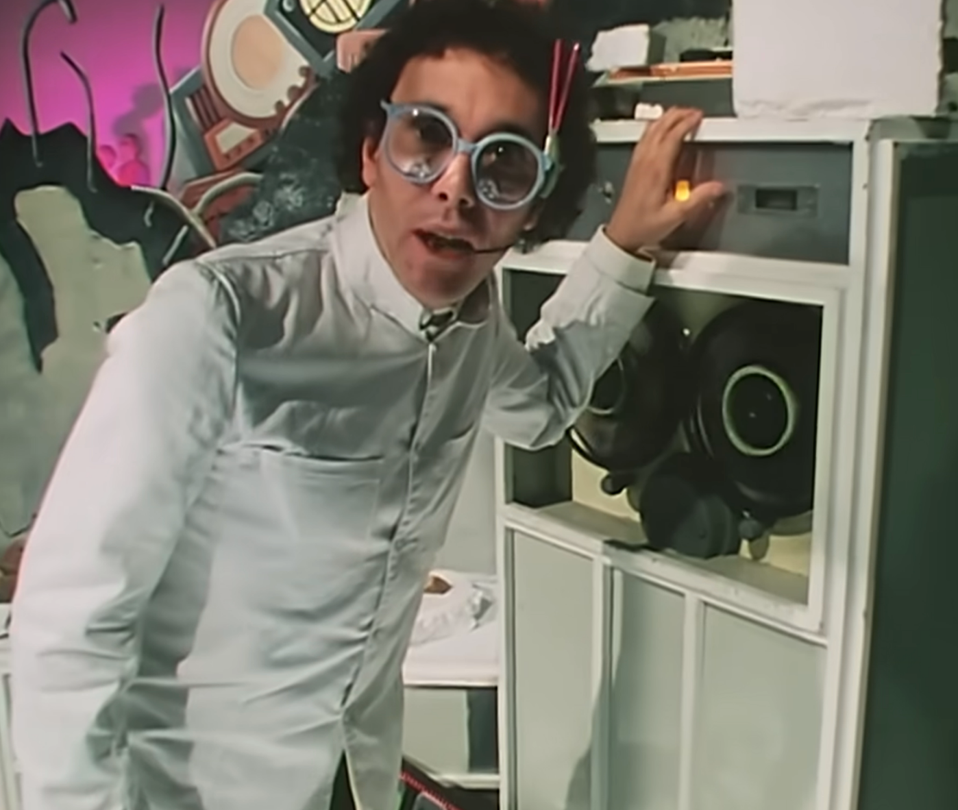 A scene from the music video for "Video Killed the Radio Star"