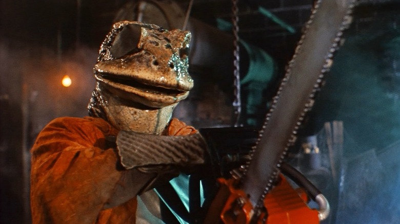 An anthropomorphized frog holding a chainsaw in "Hell Comes to Frogtown."