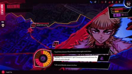 A screenshot from Red Kiss: overlayed over a map of Berlin, a vampire character with options: “Teach him a lesson. Have him as a late night snack, dear.” “[Guile] Who needs paint, right? Sneak up on him and smear the wall red with his blood!” “Talk some bloody reason into him.”