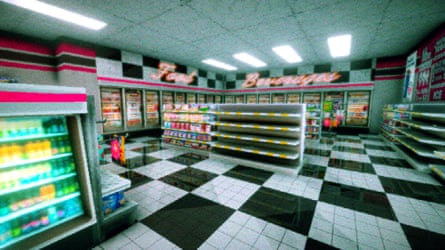 A game screenshot: a fuzzy photo of the inside of a convenience store.