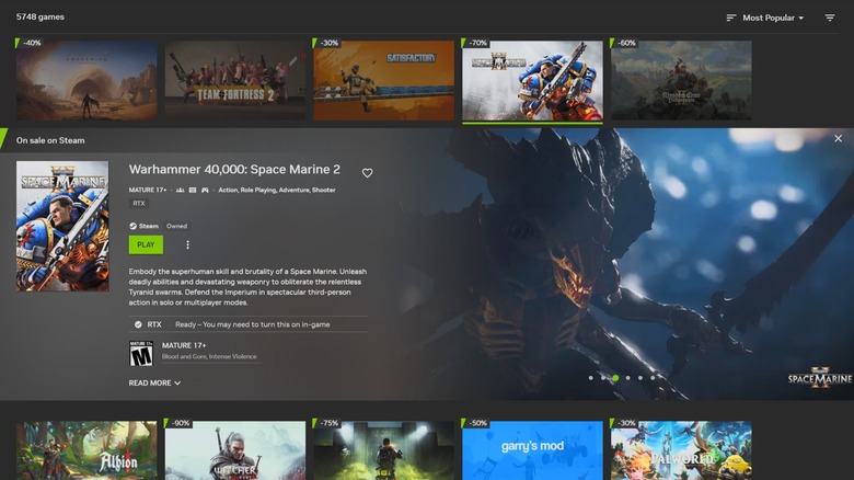 GeForce Now library featuring Warhammer 40,000 Space Marine 2