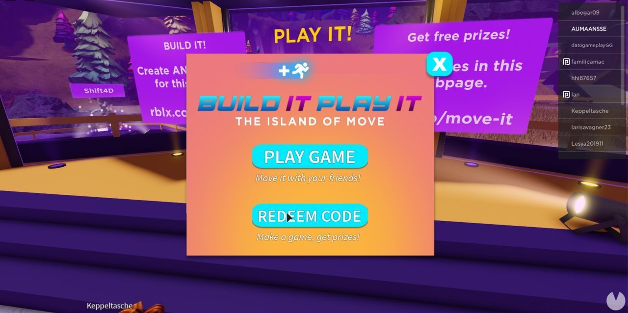 Roblox - Island of Move code redemption screen