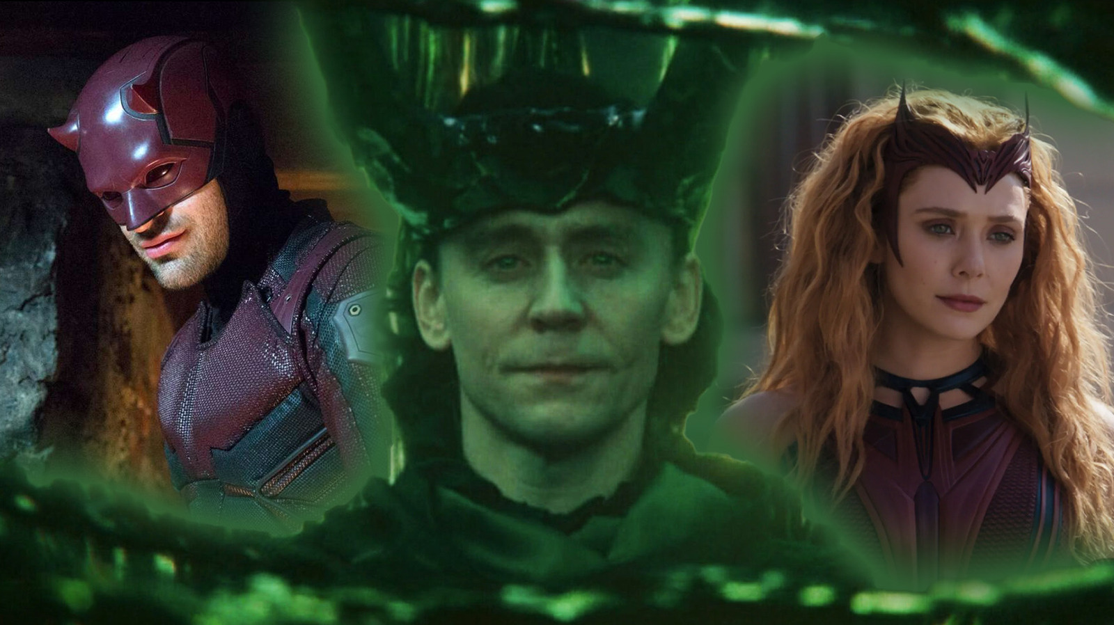 Tom Hiddleston as Loki, surrounded by Charlie Cox as Daredevil and Elizabeth Olsen as Scarlet Witch in WandaVision
