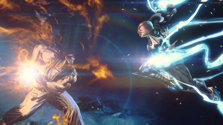 Ryu and Nova prepare to attack each other in Ultimate Marvel vs. Capcom 3