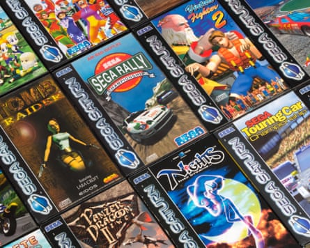 PAL Sega Saturn games laid out in a grid, including Sega Rally Championship, Virtua Fighter 2, Tomb Raider + NiGHTS into Dreams.FXGWPM PAL Sega Saturn games laid out in a grid, including Sega Rally Championship, Virtua Fighter 2, Tomb Raider + NiGHTS into Dreams.