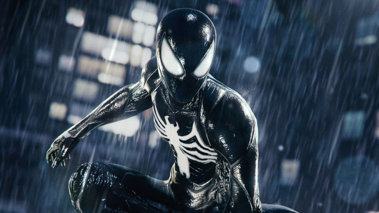 Spider-Man sits in the rain while wearing the symbiote suit in Marvel's Spider-Man 2