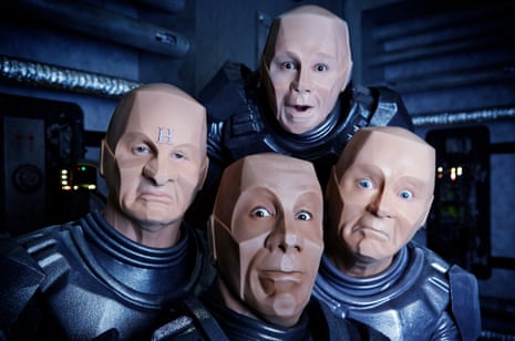 Chris Barrie, Craig Charles, Robert Llewellyn and Danny John-Jules in Red Dwarf XII costumes on spaceship set