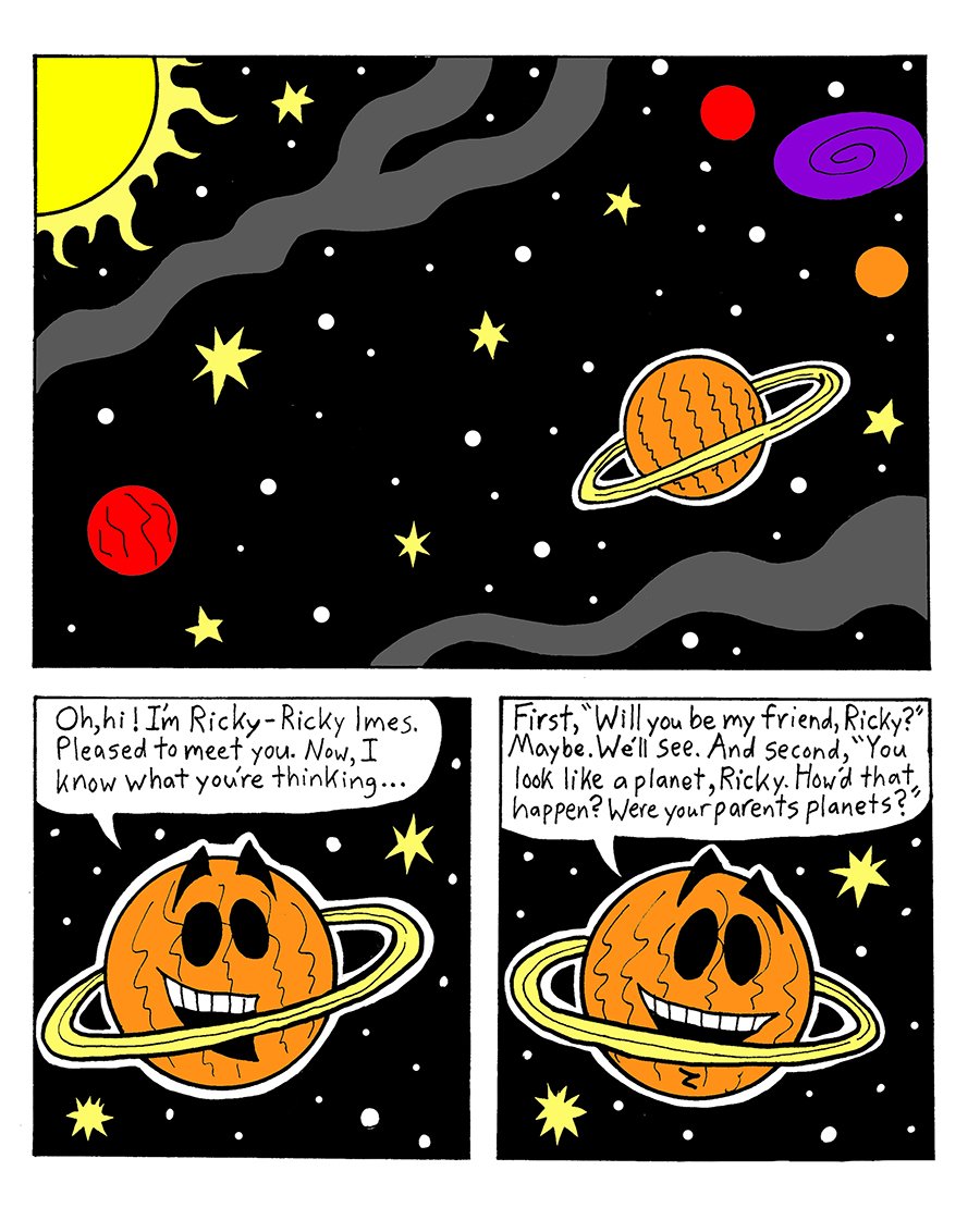 Page 1 of my comic. Ricky is in space and talks to the reader.
