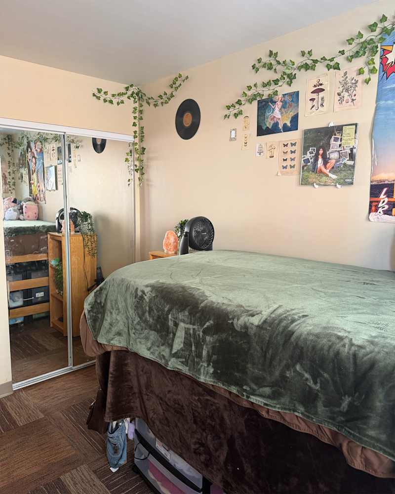 Cozy bedroom featuring a green bedspread, wall art, plants, and a mirror reflecting a wooden dresser.