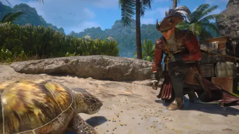Ubisoft A screenshot from the new game. On the right, the main character dressed in full pirate garb kneels on a rock. He is feeding something to a turtle. In the background we see gorgeous blue skies and palm trees befitting of a tropical scene.