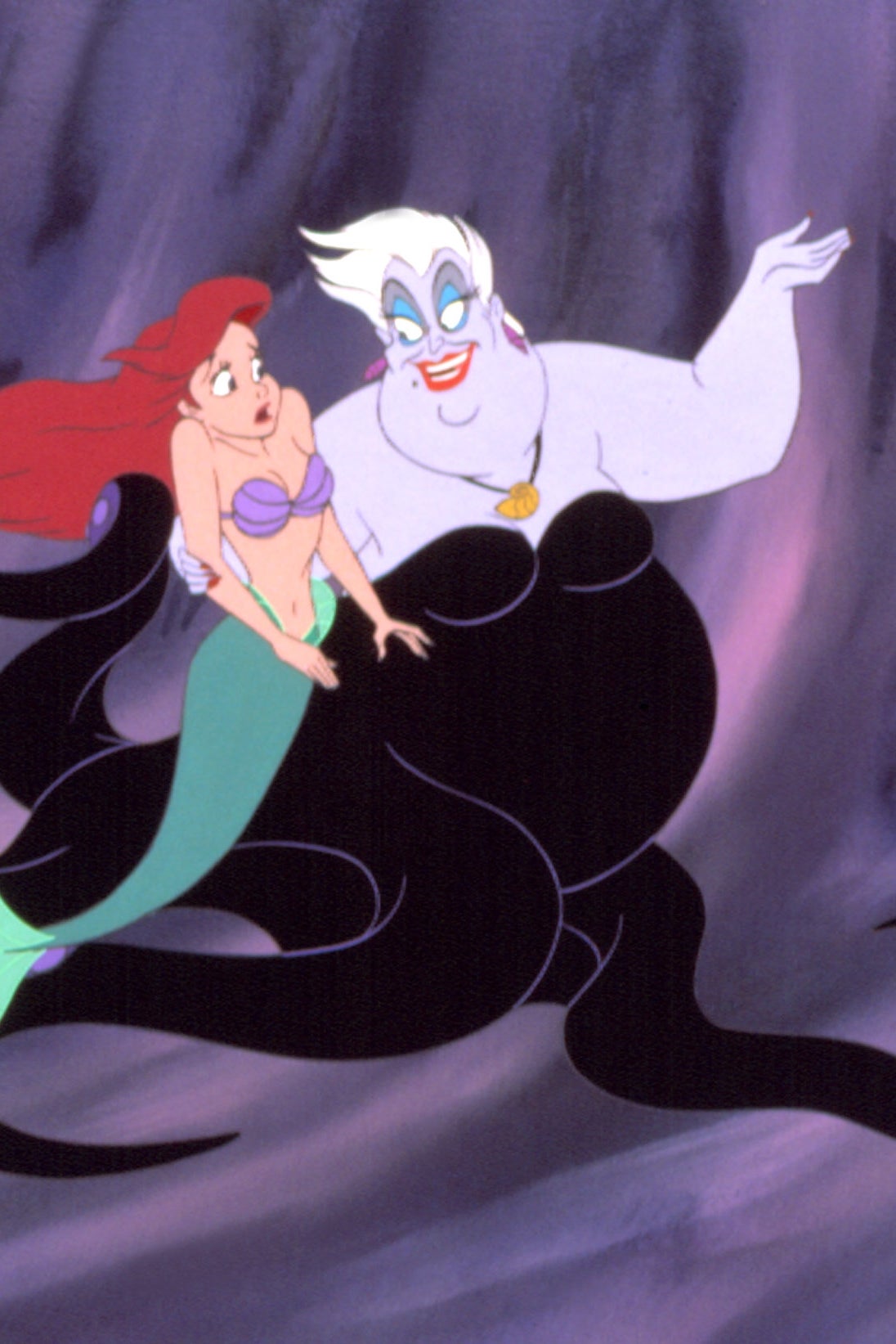 Animated mermaid talking with a sea witch who has tentacles