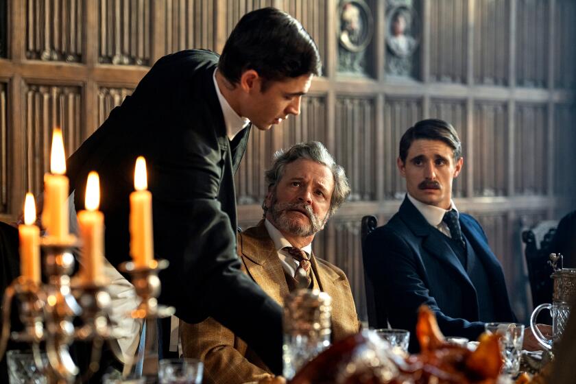 Hero Fiennes Tiffin, from left, Colin Firth and Dónal Finn in "Young Sherlock."