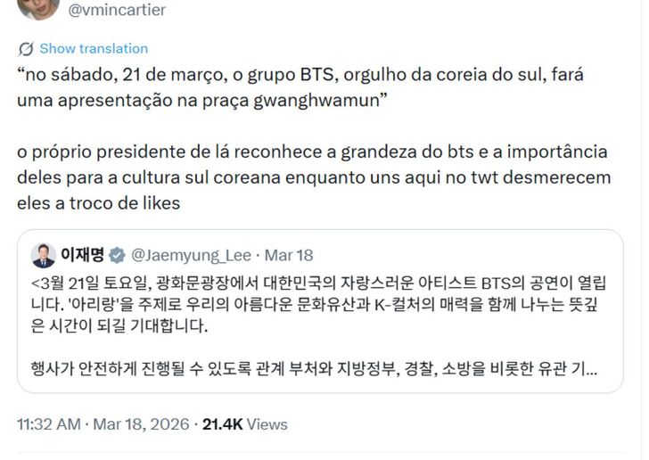 An international user translates President Lee Jae Myung's social media post regarding the BTS Gwanghwamun concert into Portuguese and shares it online. Captured from X