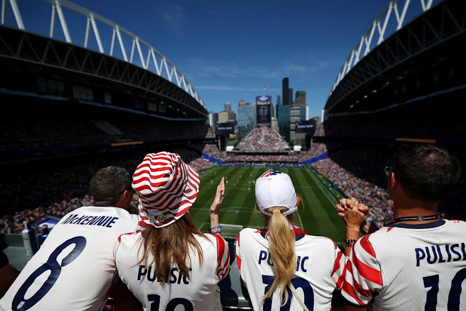 SEATTLE, WASHINGTON - JUNE 19: Fans of the United States show their support during the FIFA World Cup 2026 Group D match between USA and Australia at Seattle Stadium on June 19, 2026 in Seattle, Washington. (Photo by Steph Chambers - FIFA/FIFA via Getty Images)