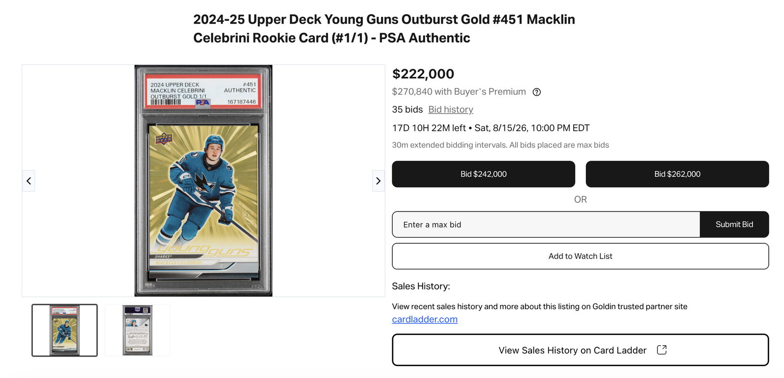 1/1 Macklin Celebrini Young Guns Gold Outburst auction page (as of Jul 29, 11:40 AM ET)