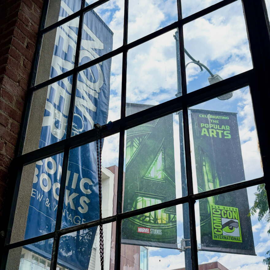 The view Aaron Trites loves from inside Now or Never Comics as Comic-Con approaches. June 24, 2026