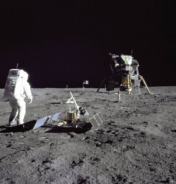 FILE- In this image released by NASA, Astronaut Edwin E. Aldrin Jr., a lunar module pilot, stands on the lunar surface after the Apollo 11 moon landing on July 20, 1969. The Lunar Module is seen in the background. (NASA via AP, File)