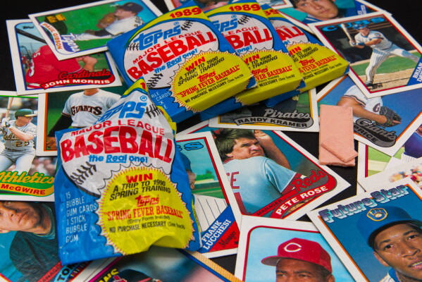 Baseball trading cards, gum and packs are displayed, Wednesday July 15, 2026 in Phoenix. (AP Photo/Dario Lopez-Mills)