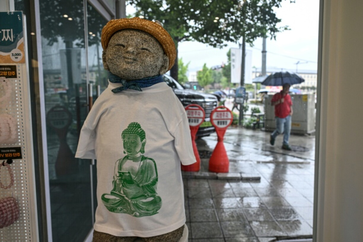 A Buddhism-themed T-shirt displayed at a souvenir store in Seoul