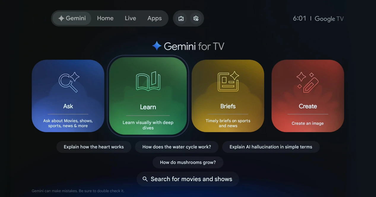 The custom Google TV interface integrates Gemini's newly added features into a clean, four-part dashboard designed for quick voice-activated commands and summaries