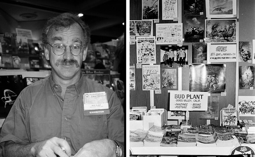 Bud Plant (left) from 1997 and his Comic-Con booth circa 1979.