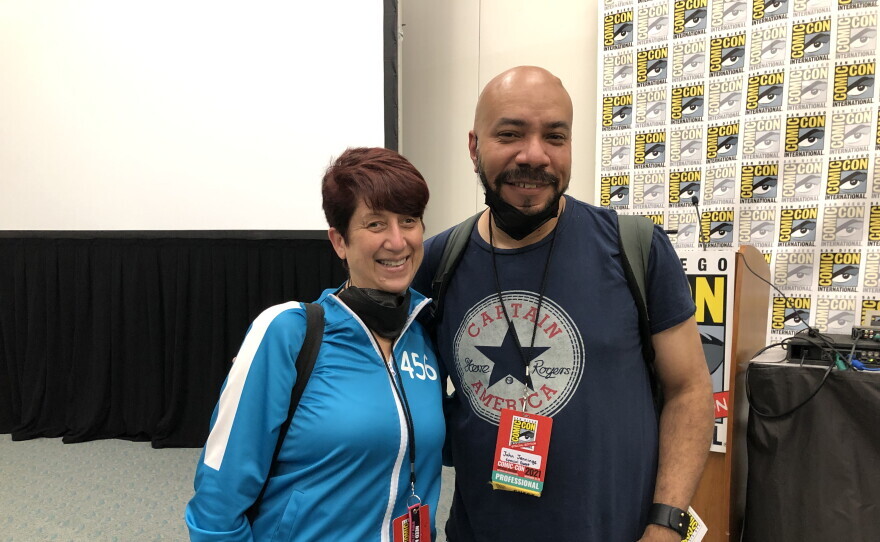 KPBS arts reporter Beth Accomando with professor, artist and comics creator John Jennings who is a frequent panelist at Comic-Con. July 22, 2022