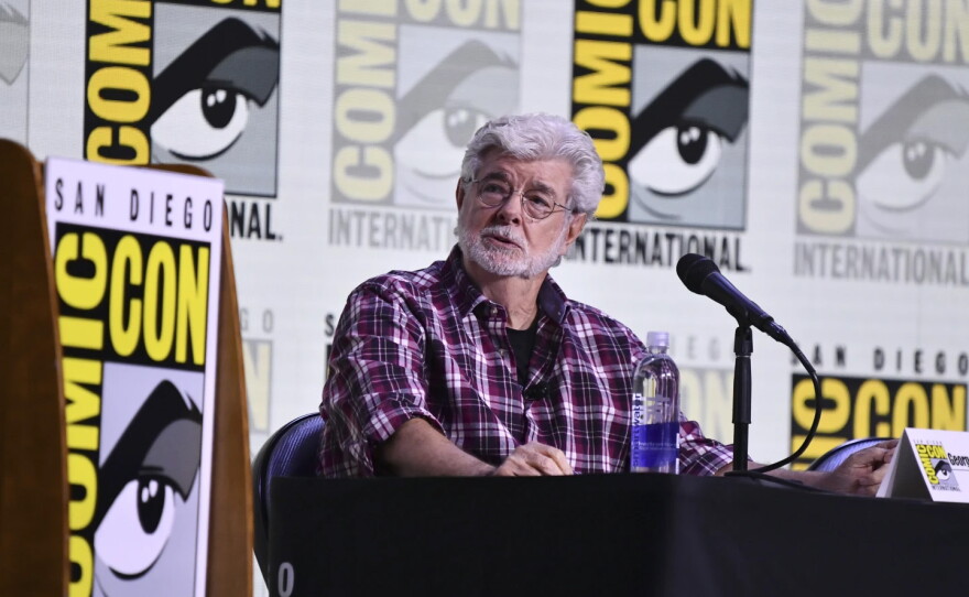 George Lucas attends a panel for the Lucas Museum of Narrative Art during Comic-Con International on Sun. July 27, 2025 in San Diego.