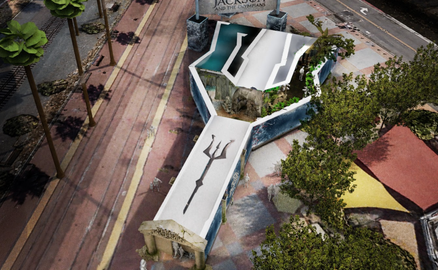 This undated photo of the "Percy Jackson and the Olympians" activation invites attendees to enter Poseidon’s trident before choosing one of three paths inspired by Percy, Annabeth or Thalia.