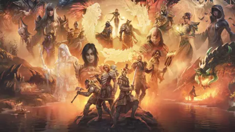 ZeniMax Online Studios Artwork shows more than a dozen characters from the Elder Scrolls Online universe. Four of them stand at the front of the picture on a rock in the middle of a lack. They are surrounded by larger-than-life renderings of other characters, including knights, wizards, mages and warriors in various heroic poses.