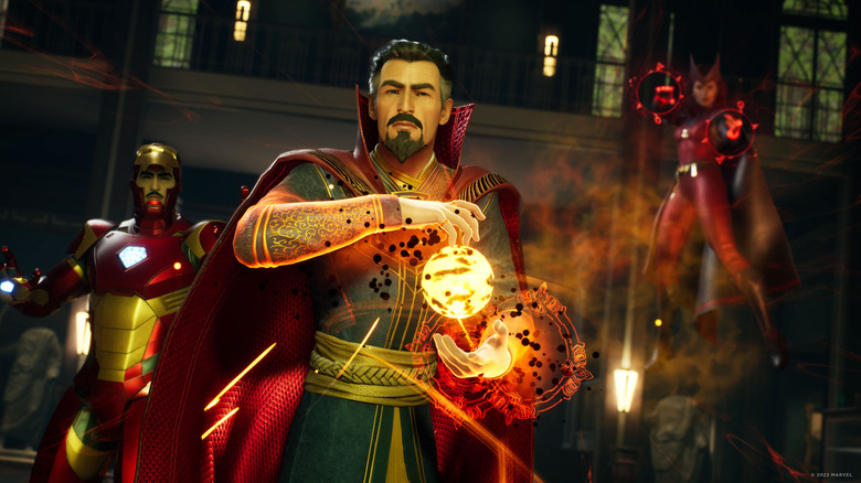 Doctor Strange prepares a spell while Iron Man and Scarlet Witch watch in Marvel's Midnight Suns