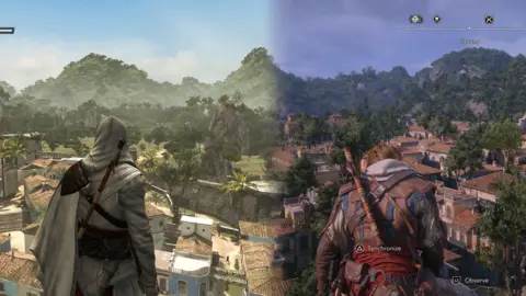Ubisoft Two screenshots side-by-side. Both show an aerial view of the city of Havana as seen in the video games. On the left, 2010s-era graphics where everything is a bit blocky and there isn't much detail. On the right, modern graphics show lots of detail from the houses to the trees.