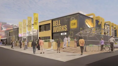 City of Wolverhampton Council The artist's impression shows a two-storey dark and yellow building including the words Bell Works in large letters. People are standing outside.