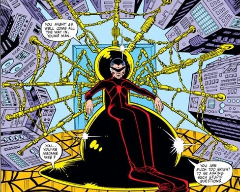 Madame Web sits in her web-like life-support device as she greets an off-panel Spider-Man for the first time.