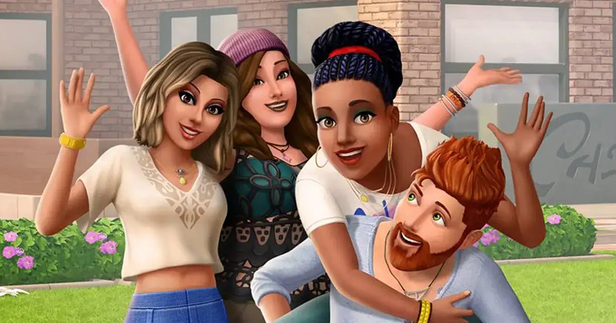 Animated characters of the EA game, The Sims, posing happily outside a building with flowers in front.
