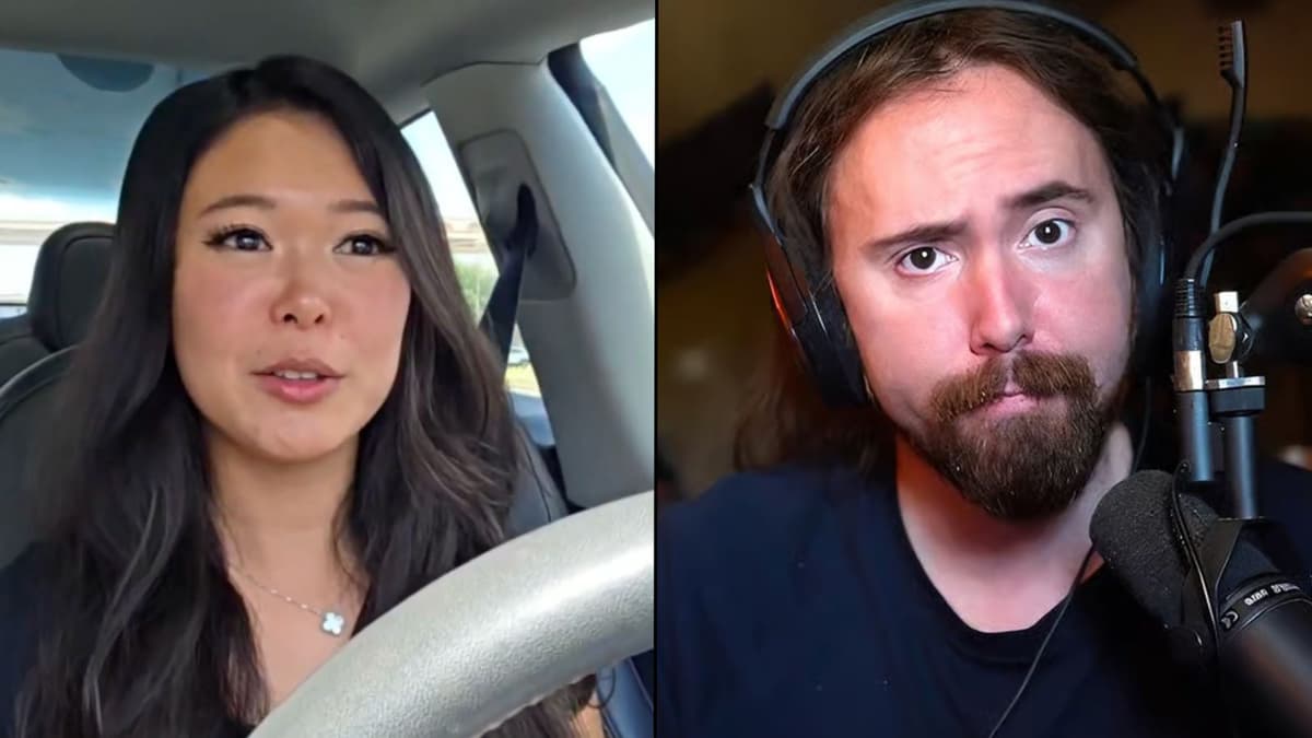 ExtraEmily driving car with Asmongold staring at camera next to microphone