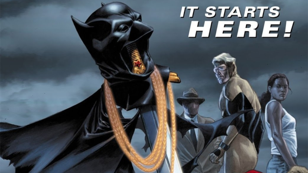 Booster Gold Question Renee stare at Batman cowl and Wonder Woman sword