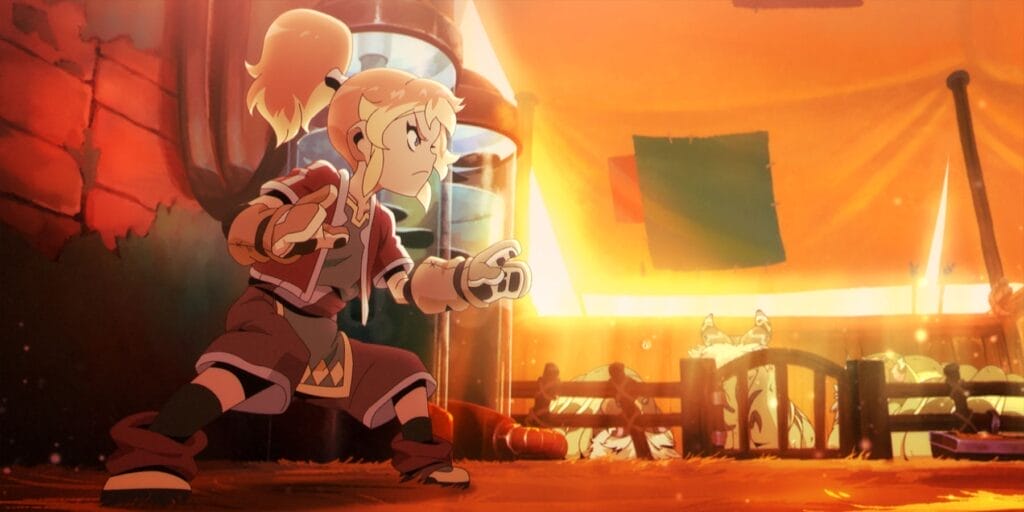 Still from Dragon Striker that depicts a a blonde girl tending goal in an animal pen.