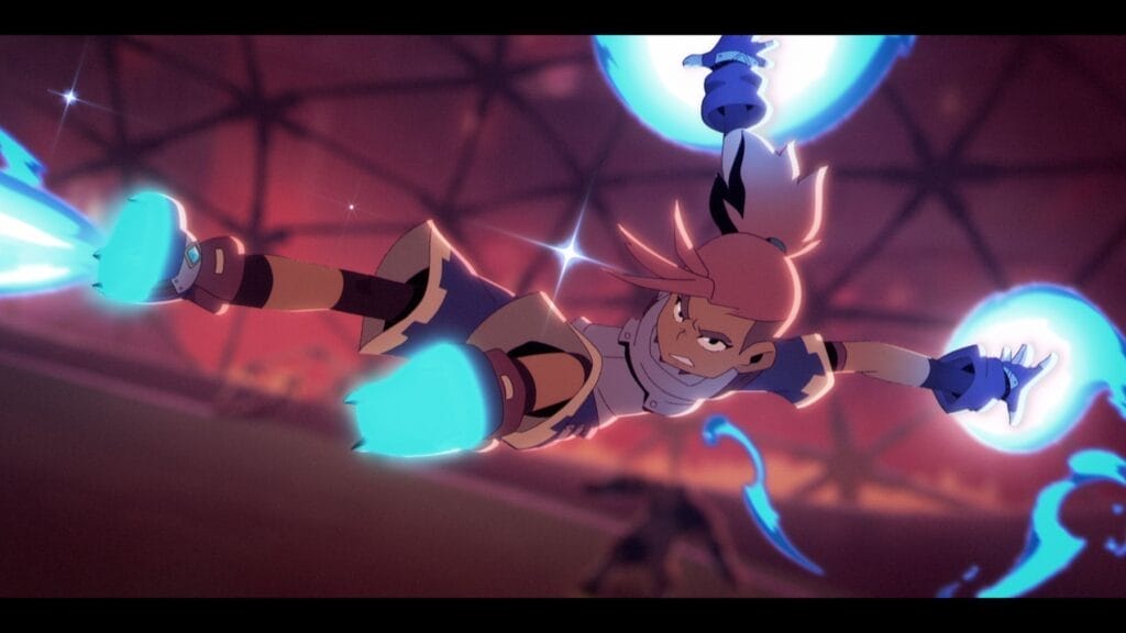 Still from Dragon Striker that depicts Key, a pink-haired boy wearing a blue jersey, jumping through the air, as blue orbs of energy radiate from his hands and feet