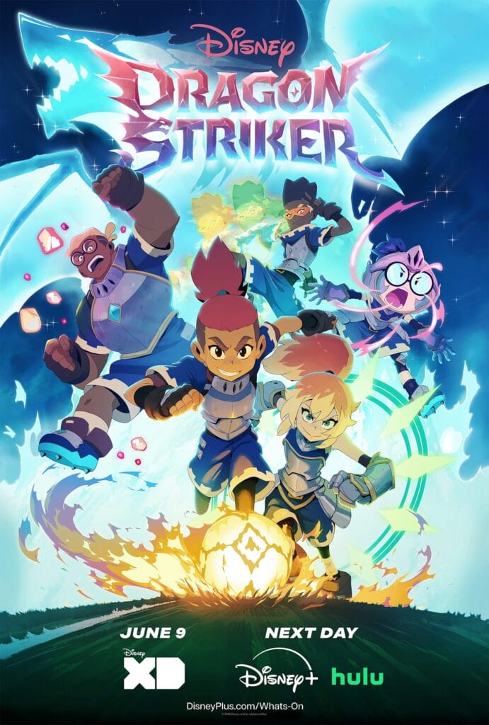 Key visual for Dragon Striker, which depicts the main characters, wearing armor, as they kick a flaming soccer ball in front of a dragon-shaped blue fire.