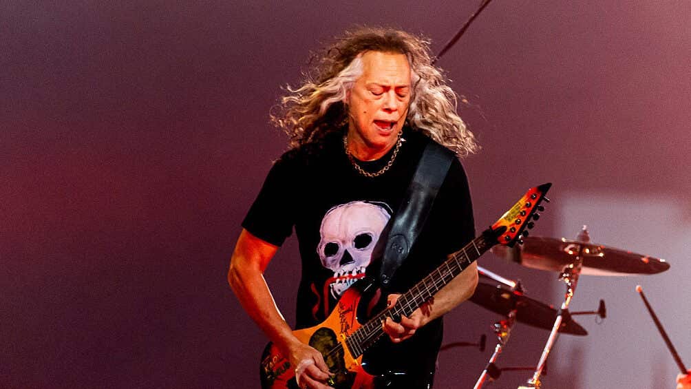 Kirk Hammett of Metallica performs onstage during a concert at Principality Stadium on June 28, 2026 in Cardiff, Wales.