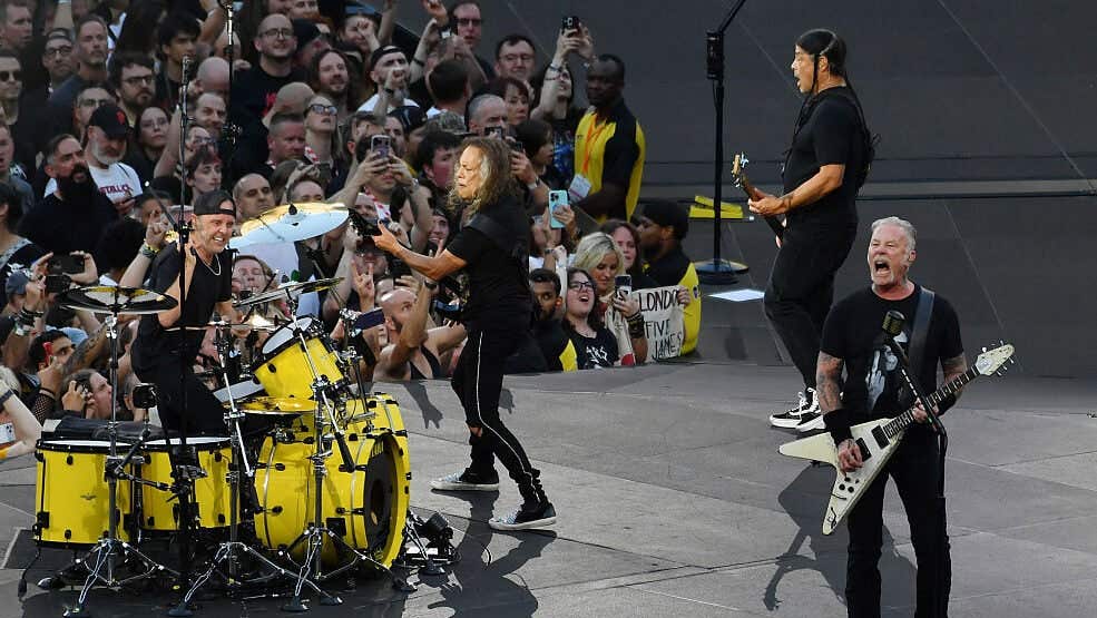(L-R) Lars Ulrich, Kirk Hammett, Robert Trujillo, and James Hetfield of Metallica perform during the M72 World Tour at London Stadium on July 03, 2026 in London, England.