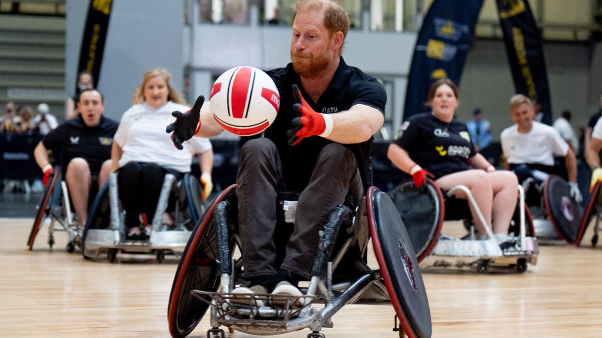 Prince Harry plays wheelchair rugby at an event in Birmingham, England.