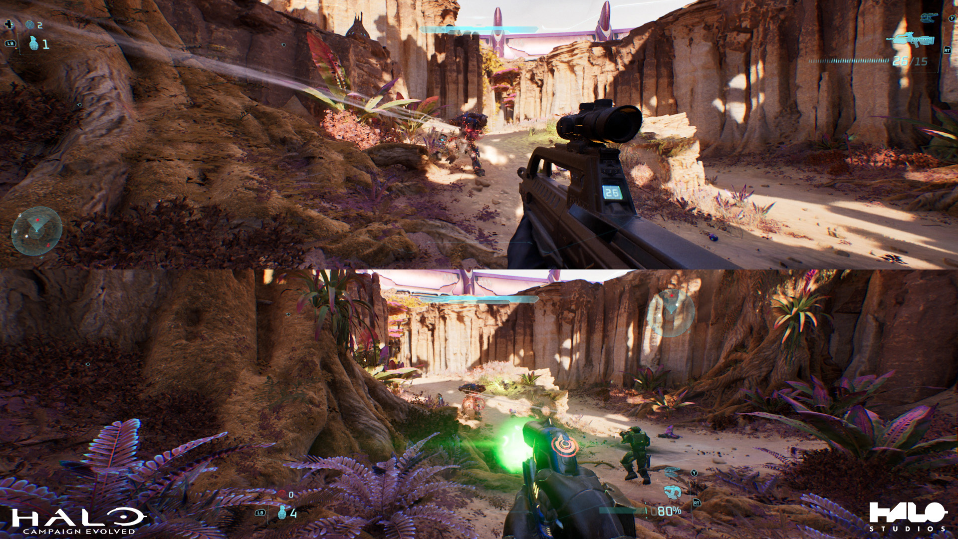 Two-player console split-screen gameplay of Halo: Campaign Evolved. Each player's first-person field of view showcases different HUD placement options.