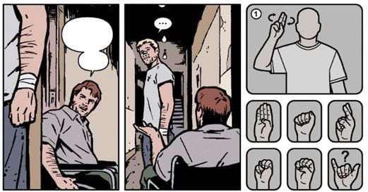 Barney Barton talks to Clint, his speech bubbles empty. The final panel demonstrates the sign language Clint uses to ask Barney a question in return.
