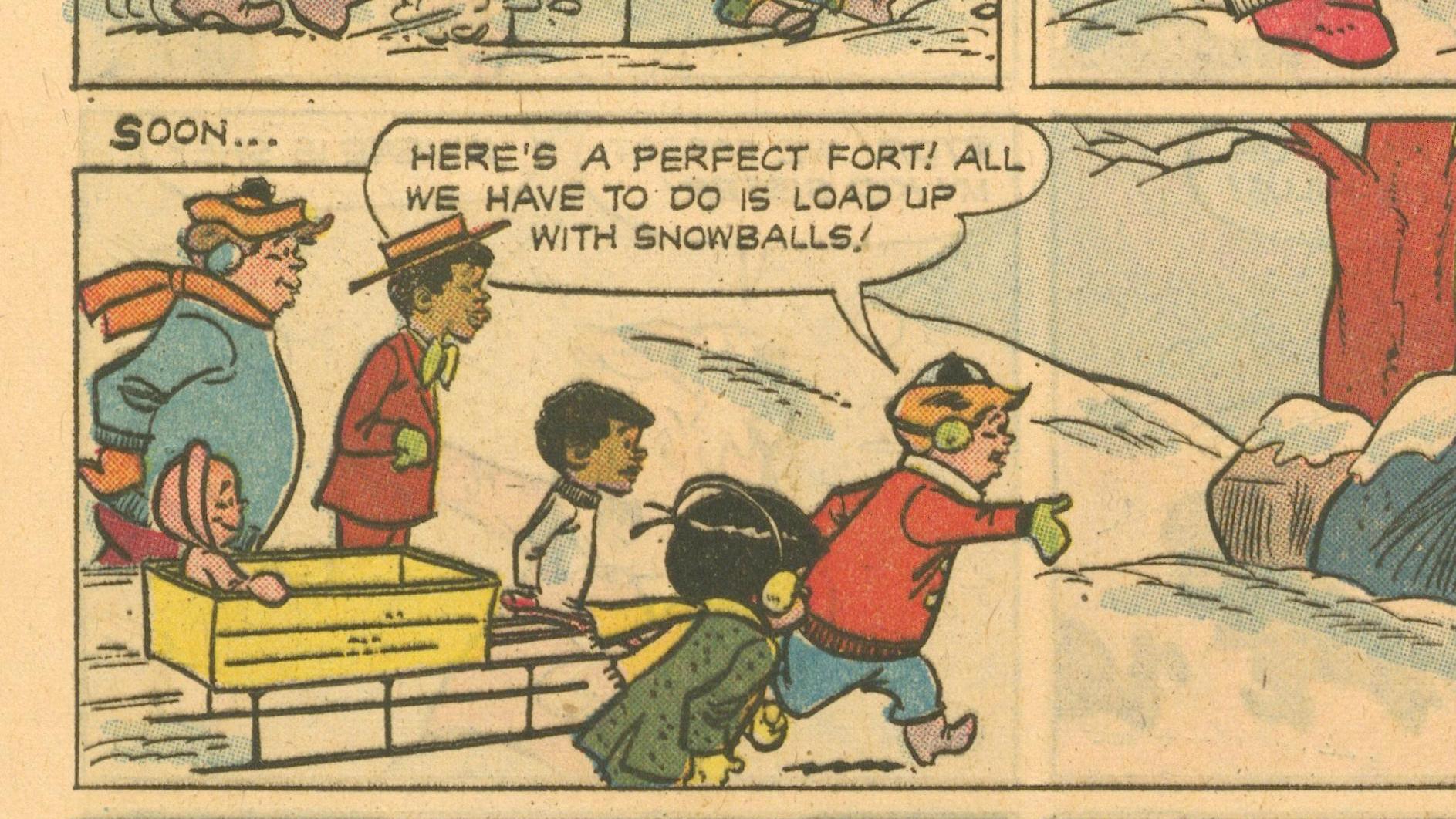 Internal comic panel from the spring 1960 issue of The Little Rascals showing the neighborhood kids preparing for a snowball fight.