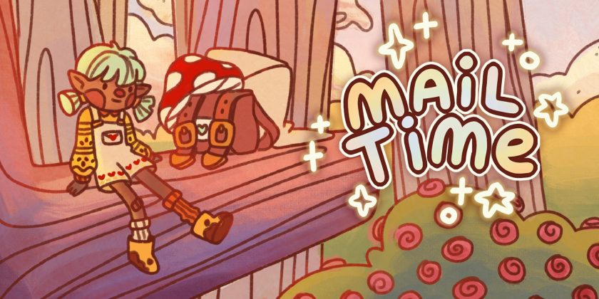 Title for Mail Time, showing lead character sitting on a tree branch with rucksack and mushroom hat next to them.