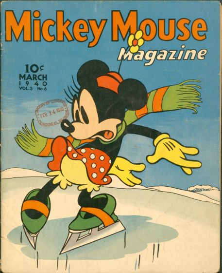 Cartoon image of Minnie  Mouse ice skating.